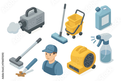 Cleaning Tools Isometric Illustration. Isometric vector illustration set of Cleaning Services: disinfectant fogger, mop bucket
