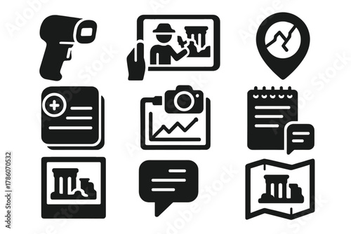 Archaeological Tool Icons. Solid style icons of ruin documentation tools: handheld scanner glyph, archaeologist tablet icon, trace