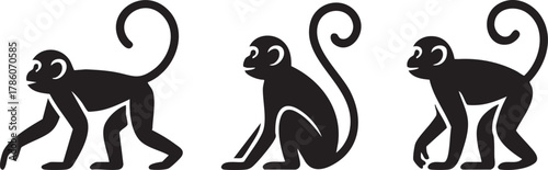 Set of Monkey Silhouettes in Different Poses on White Background
