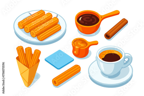 Colorful Dessert Icons. Isometric vector illustration set Ice cream and desserts – churros plate, sugar dusted, chocolate dipping;