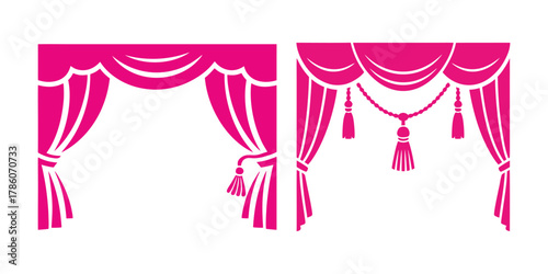 Elegant magenta stage drapes with decorative swags and tassels vector illustration design