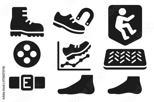 Magnetic Footwear Icons. Solid style icons of magnetic footwear and grip: boot glyph, shoe lock icon, wall badge. Grip pad ring,