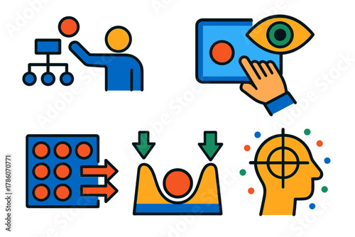 Motor Control Diagrams. Isometric vector illustration set Pattern stability: motor control diagrams, hand-eye coordination, moving