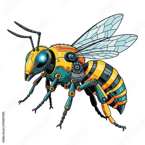 Intricate steampunk mechanical bee with detailed gears and wings on a white background