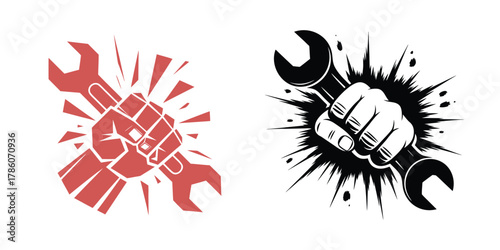 Hand holding wrench with dynamic burst effect, symbolizing labor, repair, and industry