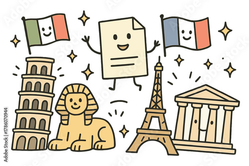 UNESCO Playful Protection. Playful doodle UNESCO safeguarding illustration with happy monuments, cartoon documents with faces,