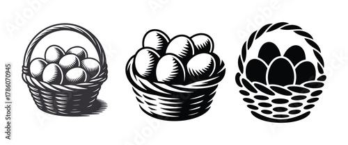 Three distinct egg baskets with various egg styles, perfect for easter, food, and farm designs