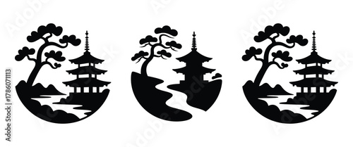 Japanese pagoda and traditional pine tree landscape silhouette vector design element art
