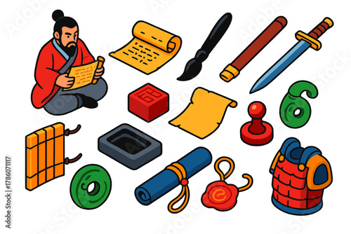 Sword & Scroll Icons. Isometric vector illustration set Sword & Scroll: learned warrior, ancient text roll, black ink brush, Jian