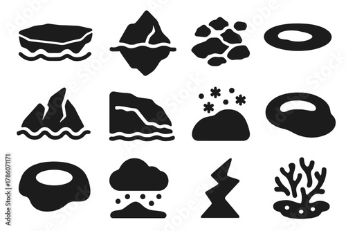 Sea Ice Habitat Icons. Solid style icons of Sea ice habitat: ice floe, iceberg fragment, brash ice, polynya, pressure ridge, floe