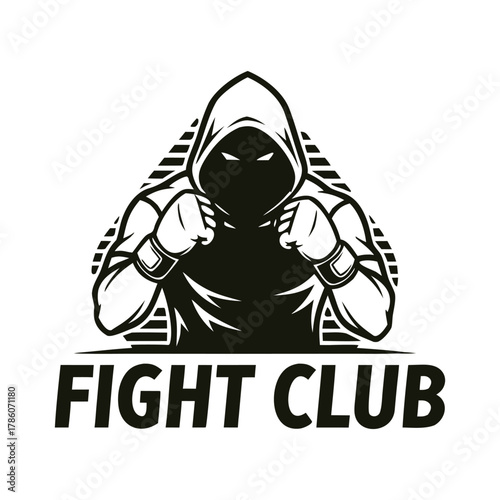 Hooded fighter with boxing gloves for fight club logo, powerful aggressive stance vector