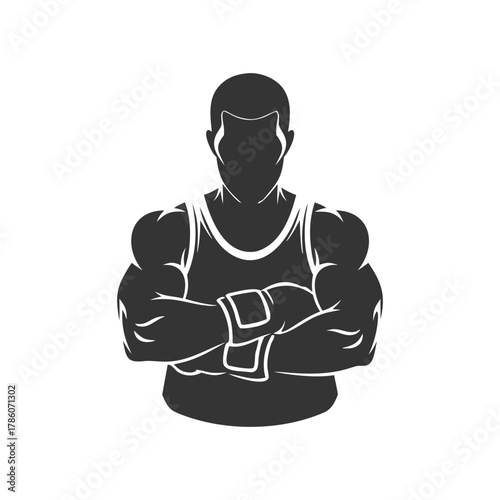 Muscular man silhouette with crossed arms in tank top, representing strength and fitness