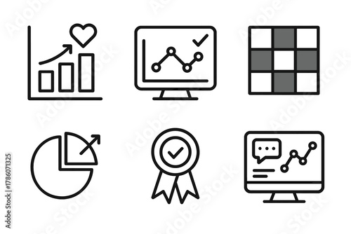 Data Analytics Icons. Line style icons of data and analytics in microlearning: engagement chart, quiz accuracy graph, learner