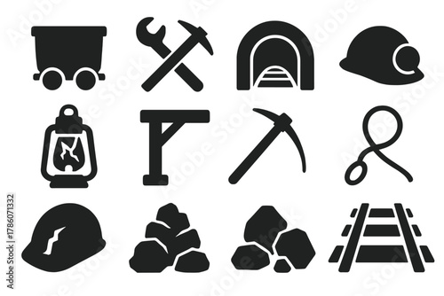 Abandoned Mine Icons. Solid style icons of Abandoned Mine: Ore Cart, Rusted Tools, Tunnel, Hard Hat, Broken Lantern, Wooden Beam,