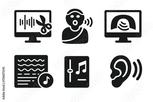 Audio Reconstruction Icons. Solid style icons of audio reconstruction in archaeology: waveform editing, reconstructed chants,