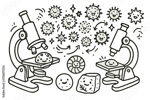 Whimsical Palynology Lab. Whimsical doodle palynology lab with smiling microscopes, cartoon pollen grains bouncing, cheerful