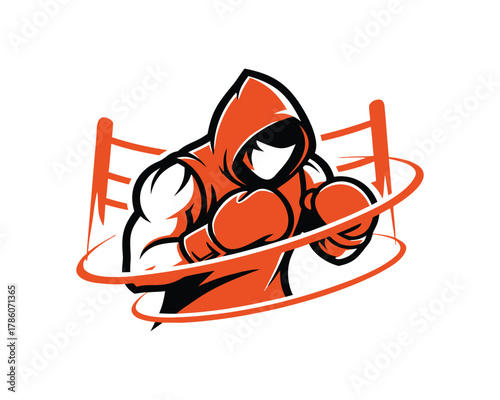 Dynamic orange boxer in ring logo with protective hood and gloves ready for combat