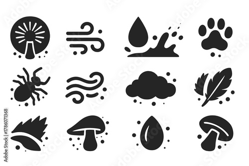Spore Dispersal Icons. Solid style icons of Spore dispersal: spore print, wind gust, raindrop splash, animal paw, insect carrier,