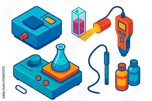 Colorful Isometric Lab Equipment. Isometric vector illustration set Science lab equipment – spectrophotometer, cuvette, light