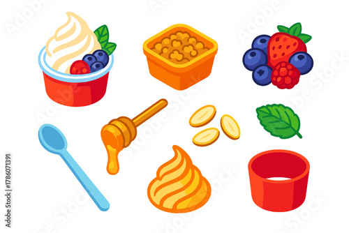 Frozen Dessert Fantasy. Isometric vector illustration set Ice cream and desserts – frozen yogurt cup, granola topping, berry mix;