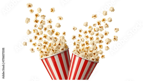 Vector illustration of two striped popcorn buckets with popcorn flying out on a white background