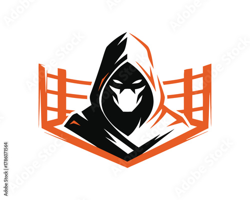 Mysterious hooded assassin gamer mascot logo with orange geometric frame esports design