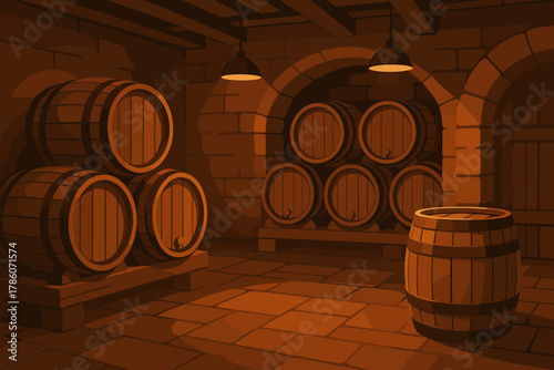 Cozy Wine Cellar Ambiance. Cozy interior of a wine cellar with wooden vector illustration barrels and soft ambient lighting, warm