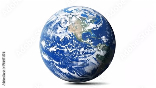 A stunning digitally rendered depiction of planet Earth, slowly rotating against a pristine, pure white background. The vibrant blue oceans, swirling white clouds, and clearly defined green and brown 