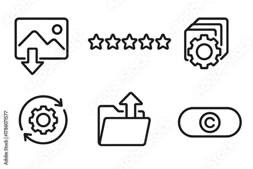Photography Workflow Icons. Line style icons of digital workflow for photography: import photos symbol, rating stars row, batch