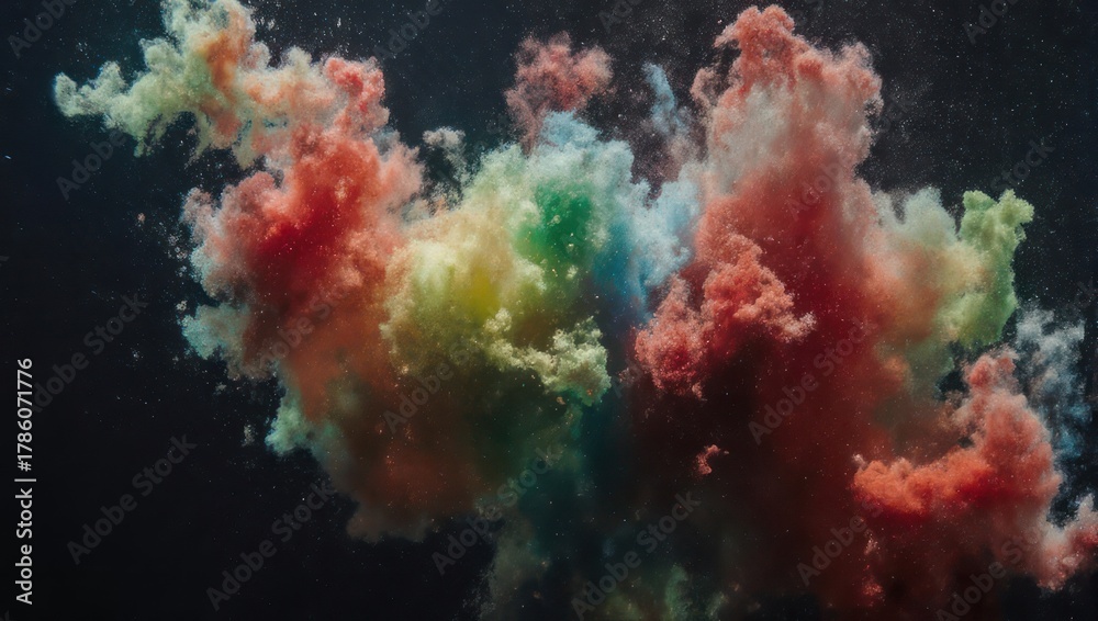 Naklejka premium A vibrant explosion of colorful ink clouds swirling in dark water.