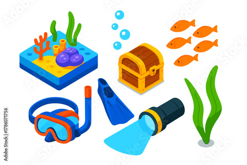 Underwater Comic Elements. Isometric vector illustration set Comic book elements – underwater scene, coral reef, treasure chest;