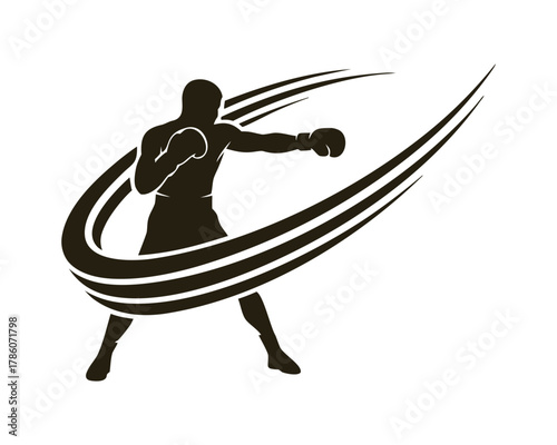 Dynamic boxing silhouette with sweeping motion lines on a clean background, ideal for sports branding. isolated on white background
