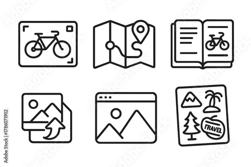 Adventure Icons Pack. Line style icons of documentation and sharing: bike journey vlog, GPS route log, daily ride journal, photo