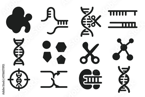 CRISPR-Cas9 Icons. Solid style icons of CRISPR-Cas9 Mechanism: Cas9 protein, guide RNA, DNA cut site, repair template, double