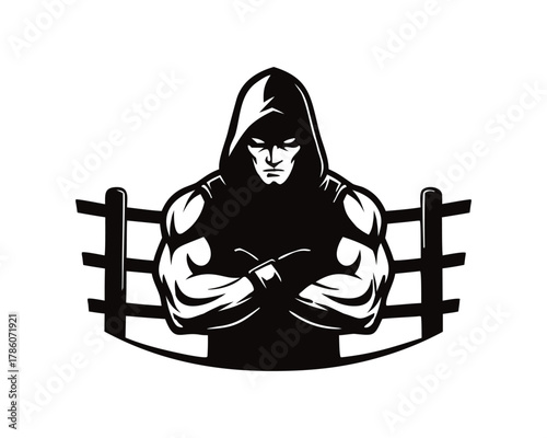 Powerful hooded fighter mascot standing strong in a boxing ring, arms crossed, ready to face the challenge isolated on white background