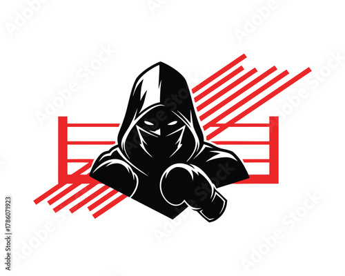 Strong hooded boxer fighter with gloves ready to fight in a boxing ring emblem isolated on white background