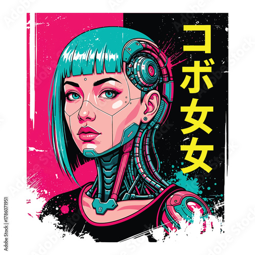 Vibrant cyberpunk portrait of a futuristic woman with teal hair and robotic enhancements in a neon lit retro futuristic aesthetic