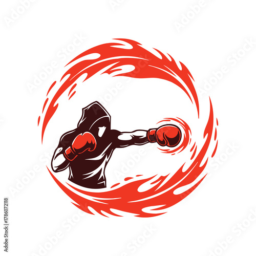 Dynamic hooded boxer delivering powerful punch, surrounded by energetic fiery ring illustration isolated on white background