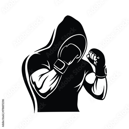 Dynamic black silhouette of a boxer in a hooded sweatshirt and gloves, ready to punch isolated on white background