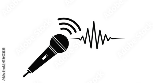 Black silhouette of a microphone emitting sound waves and a visual representation of an audio waveform on a white background