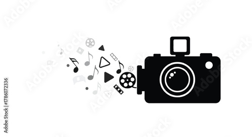 Black silhouette of a camera emitting a stream of musical notes film reels and geometric shapes against a white background