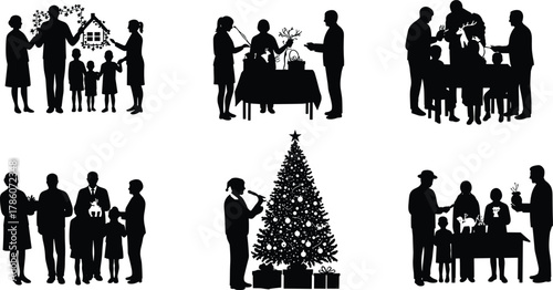 Family Christmas celebration, decorating tree, exchanging gifts, festive mood, holiday season, winter happiness, joy, silhouette illustration of Christmas togetherness