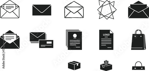 Envelope icons, branding symbols, packaging elements, business communication, logo design, document graphics, gift box, shopping bag, resume layout, purse illustration