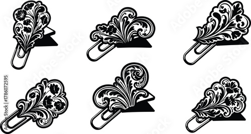 Elegant, ornate, decorative, flourish, paper, clips, baroque, rococo, vintage, metallic, stationery, office, supplies, artistic, swirls, classical, design, intricate, triangle, embellishments