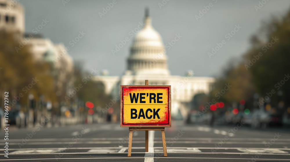 Fototapeta premium Government Reopens – “We’re Back” Sign in Front of the U.S. Capitol Building