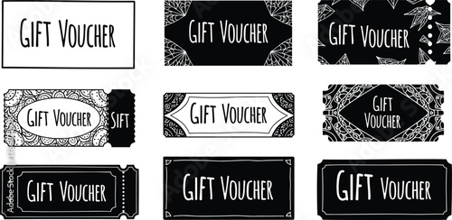 Elegant hand drawn gift voucher set, decorative coupon ticket design, black and white vector illustration, vintage frame template, artistic line art