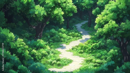 Forest path illustration. Nature scene with trees and sunlight.