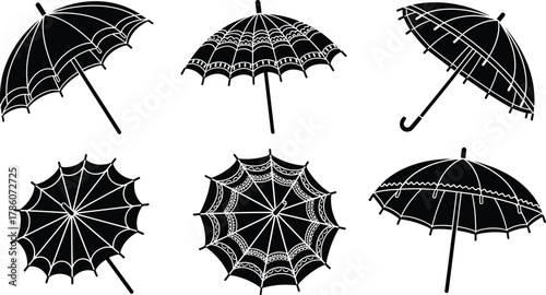 Elegant lace umbrella vector collection, decorative parasol silhouette illustration, vintage fashion accessory design, ornamental rain protection pattern art set