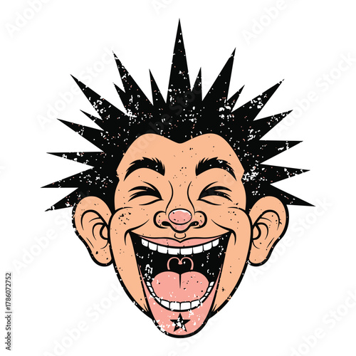 Exaggerated cartoon face with spiky hair laughing hysterically with tongue out and wide eyes