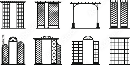 Elegant garden trellis and fence silhouette set, metal lattice arch and decorative outdoor divider design, black white vector illustration